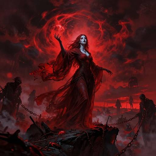 Digital artwork of a pale, dark-haired woman in a flowing red dress, casting a red orb of energy in a fiery, apocalyptic landscape with chains