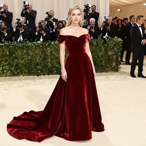 Photograph of a blonde woman in an off-the-shoulder, deep red velvet gown, standing on a white platform, surrounded by photographers in black
