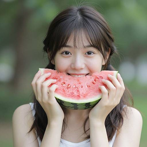 Photograph of a smiling young Asian woman with dark hair, holding a large slice of watermelon close to her mouth in a green, blurry forest background