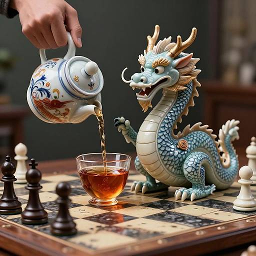 Photograph of a blue dragon chess piece on a chessboard, a hand pouring tea from an ornate teapot into a glass, black and white