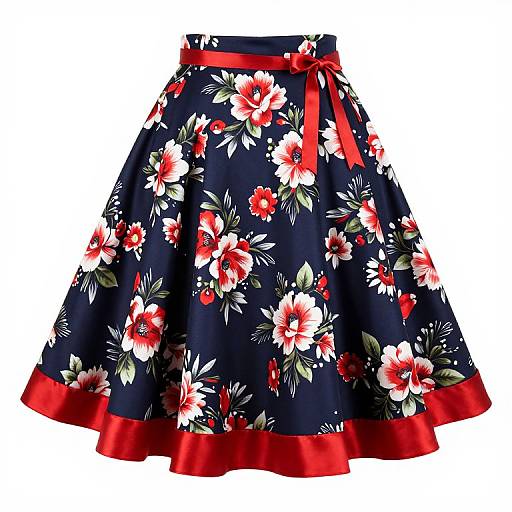 Photograph of a dark navy blue floral skirt with red and white flowers, red ribbon bow at waist, and matching red satin trim.