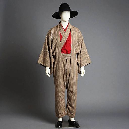 Photograph of a headless mannequin wearing a traditional Japanese kimono with brown stripes, red inner robe, black hat, and black shoes,