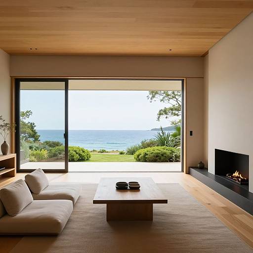 Modern living room photograph with light wood ceiling and floor, beige sofa, wooden coffee table, black fireplace, large window overlooking ocean and greenery.