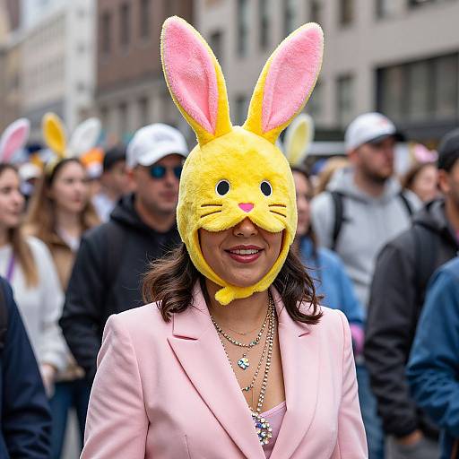 Photograph of a smiling woman in a pink blazer, wearing a yellow bunny mask with pink ears, in a crowded city street. Background includes people