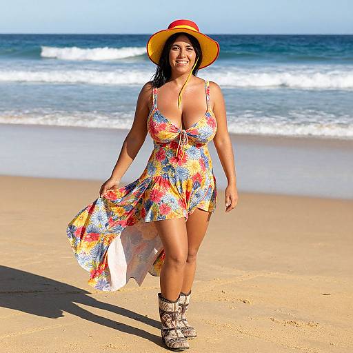 Photograph of a smiling woman with medium skin tone, wearing a colorful floral dress, yellow sunhat, and snake-pattern boots, walking on a sunny