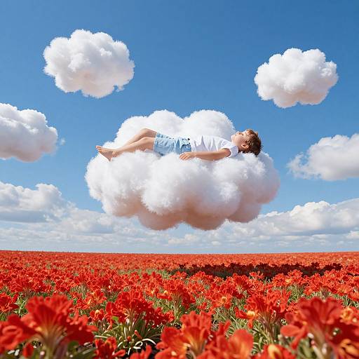 Photograph of a young person lying on a white cloud above a vibrant red poppy field under a bright blue sky with fluffy white clouds.