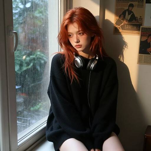 Photograph of a red-haired woman with fair skin, wearing a black sweater and headphones, seated by a sunlit window, with posters on the wall