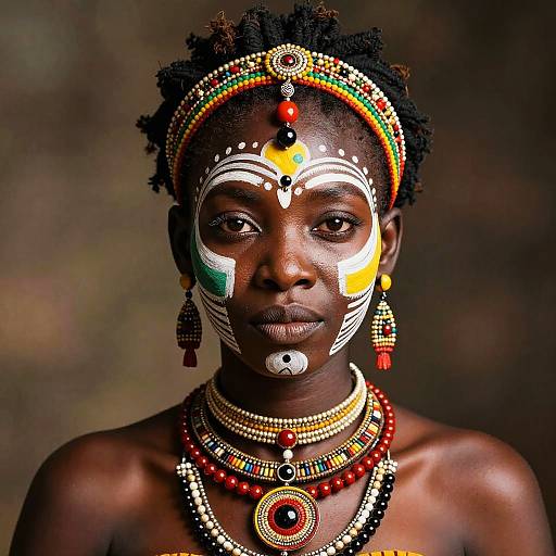 Photograph of an African woman with dark skin, adorned in intricate tribal face paint and colorful, beaded headgear and necklaces, against a blurred