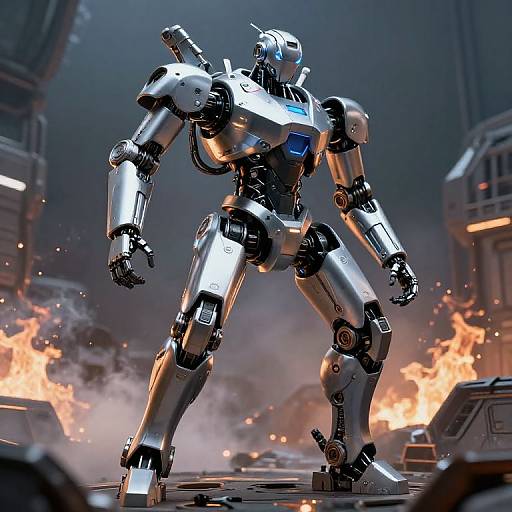 CGI image of a shiny, metallic robot with blue chest light, standing in a fiery, war-torn sci-fi cityscape.