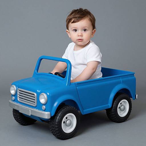 Photograph of a fair-skinned baby with brown hair, wearing a white t-shirt, sitting in a bright blue plastic toy truck.