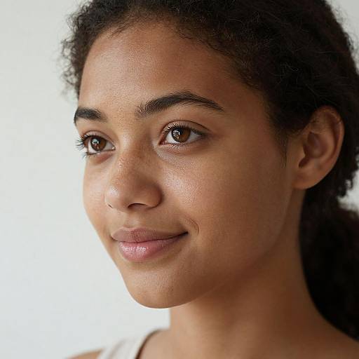 Photograph of a young woman with medium brown skin, curly black hair, and brown eyes, smiling softly against a white background.