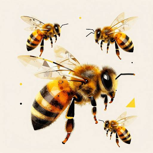 Digital illustration of four bees with vibrant orange and black striped bodies, translucent wings, and detailed, textured fur, against a white background.