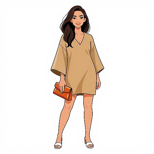 Digital illustration of a smiling woman with long black hair, wearing a beige oversized dress, white sandals, and holding an orange clutch.