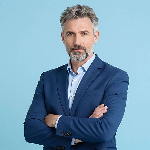 Photograph of a mature, gray-haired man with a beard, wearing a navy suit over a light blue shirt, arms crossed, against a bright blue