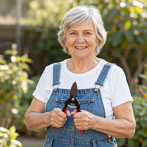 Photograph of an elderly white woman with short gray hair, wearing denim overalls and white shirt, smiling while holding garden shears in a sunlit
