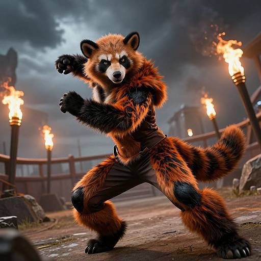 Photorealistic CGI of an anthropomorphic red panda in martial arts stance, surrounded by flaming torches on a foggy, stone path.