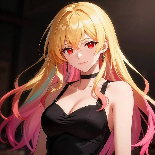 Digital anime-style portrait of a blonde woman with long, wavy hair, red eyes, black choker, and black dress, smiling softly.