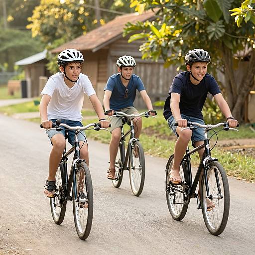 Photograph of three young men wearing helmets, riding bicycles on a sunlit rural road, with a wooden house and trees in the background.