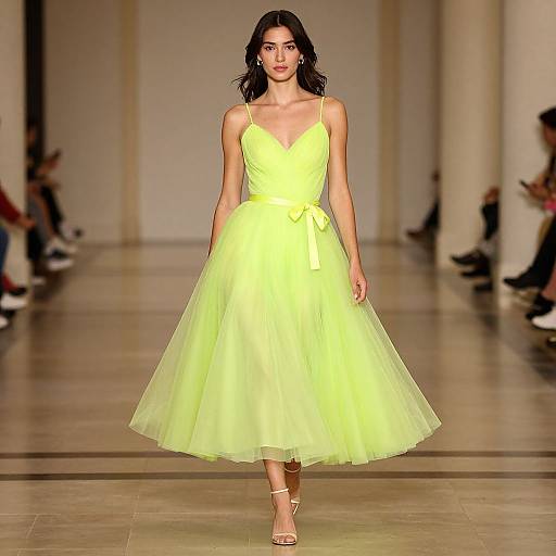 Photograph of a dark-haired woman in a bright neon yellow, sleeveless, V-neck, tulle dress with a bow, walking down a runway