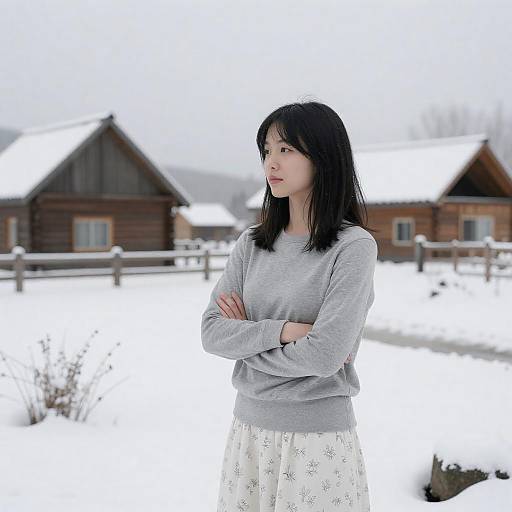 Photograph of a young Asian woman with black hair, wearing a gray sweater and white floral skirt, standing in a snowy landscape with wooden houses in the