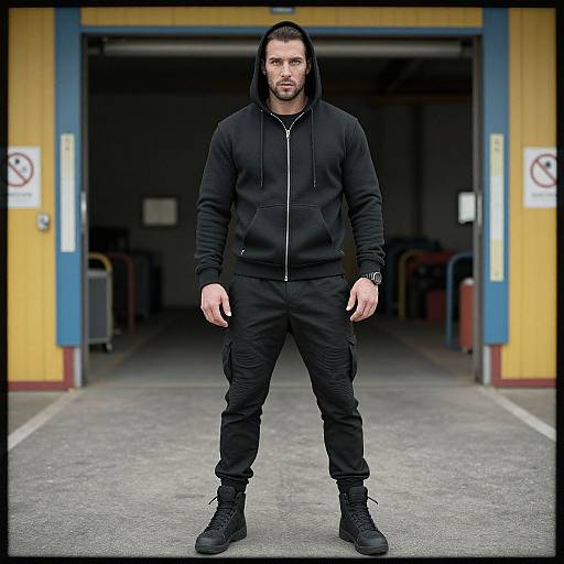 Photograph of a bearded man in a black hooded sweatshirt and pants, standing confidently in a dimly lit garage.