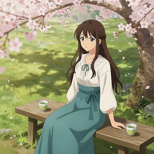 Anime Woman in Cherry Blossom Tea Garden