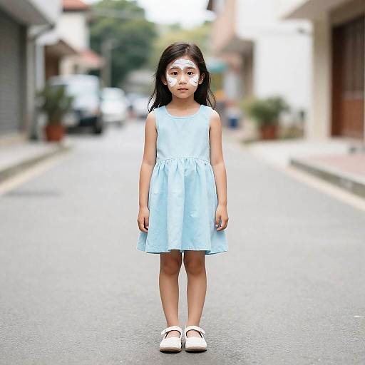 Photograph of a young Asian girl with long black hair, wearing a light blue dress and white shoes, standing on a blurred urban street with buildings in