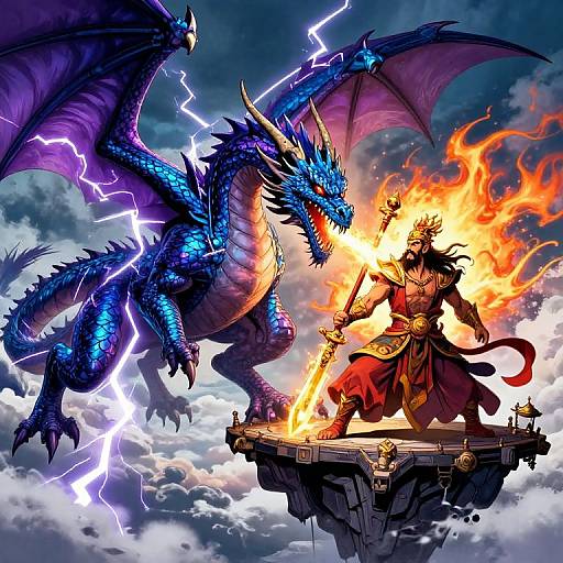 Digital art: Powerful dragon with blue scales and purple wings, electrified, faces armored sorcerer wielding flaming sword on floating platform amidst lightning and fire.