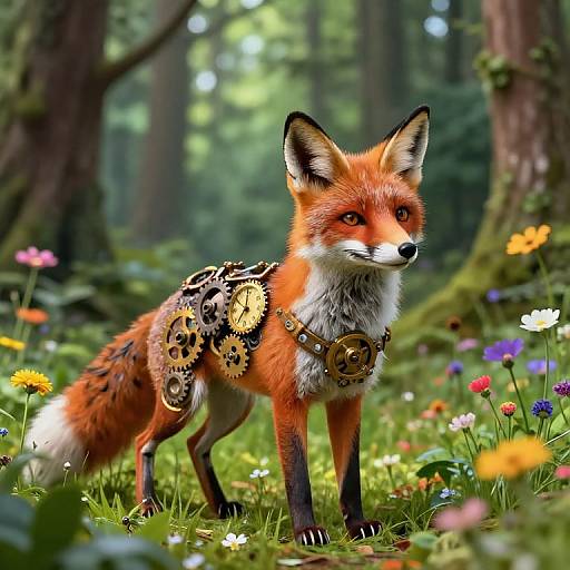 Photorealistic digital art of a red fox standing in a vibrant, flower-filled forest. The fox wears intricate, gear-themed armor and a large,