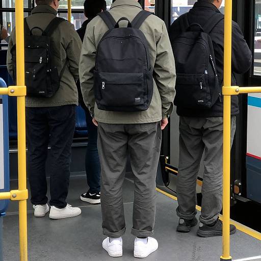 Photograph of three men, backs to camera, standing on a bus with yellow poles; all wear backpacks, casual jackets, and jeans; one