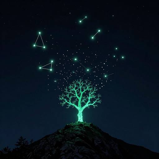 Glowing neon tree on a rocky hill at night, with constellation stars connected by lines in the dark blue sky. Digital art.