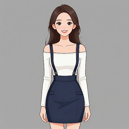 Digital anime-style drawing of a smiling woman with long brown hair, white off-shoulder top, and navy blue high-waisted skirt with suspend