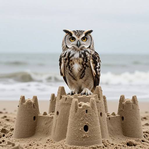 Photograph of a brown and white owl with striking yellow eyes perched on a detailed, multi-turreted sandcastle on a sandy beach with a