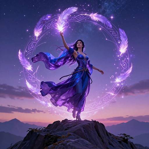 Digital art: Enchantress with flowing blue dress, glowing purple circular magic, starry night sky, mountains, standing on rocky peak, ethereal