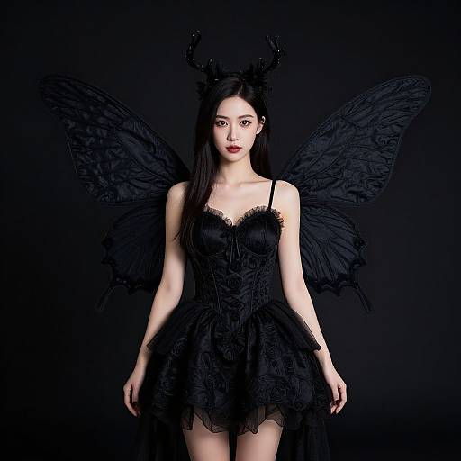 Photograph-style CGI of a pale-skinned woman with black, lace dress, black wings, and antler headpiece, standing against a dark background