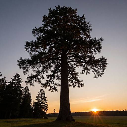 Photograph of a tall, silhouetted pine tree against a vibrant orange sunset, with smaller trees in the background and a grassy field.