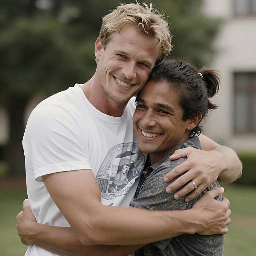 Joyful Outdoor Embrace Between Two Friends