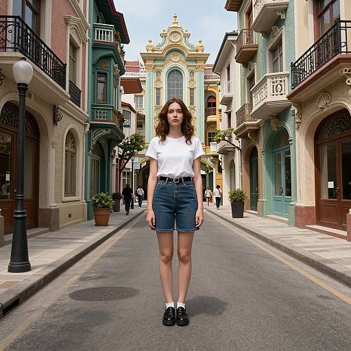 Photograph of a young woman with curly brown hair, white t-shirt, denim shorts, and black loafers, standing in a colorful, narrow European