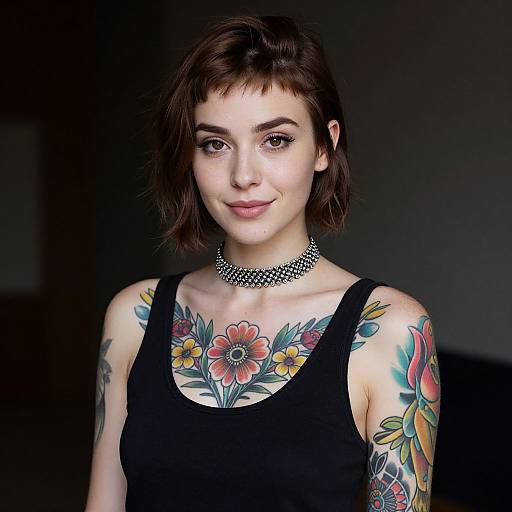 Photograph of a young woman with short brown hair, black tank top, colorful floral tattoos, and spiked choker, smiling softly.