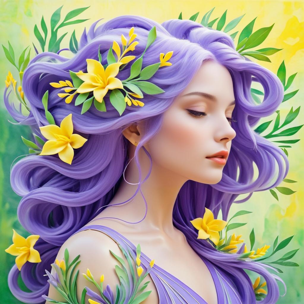 Enchanting Girl with Lavender Hair and Flowers