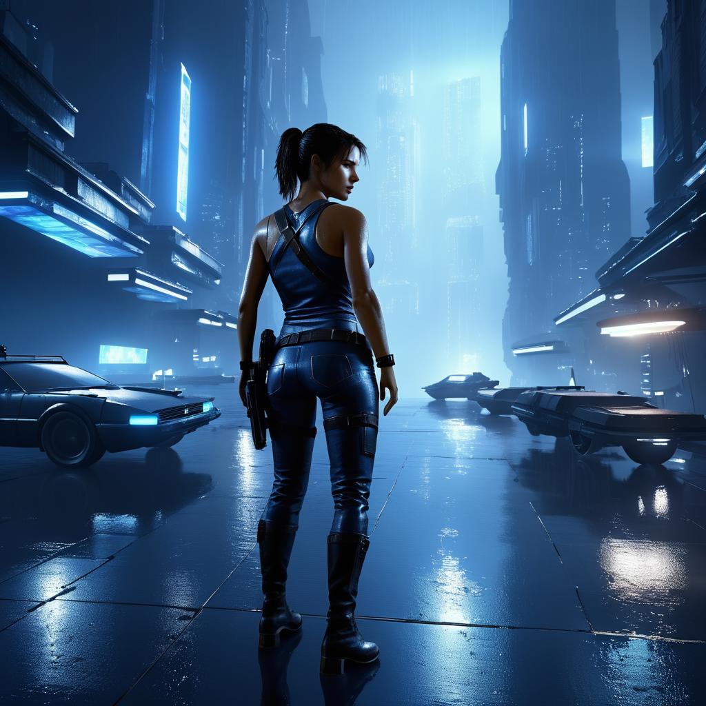 Futuristic Lara Croft in Blade Runner Scene