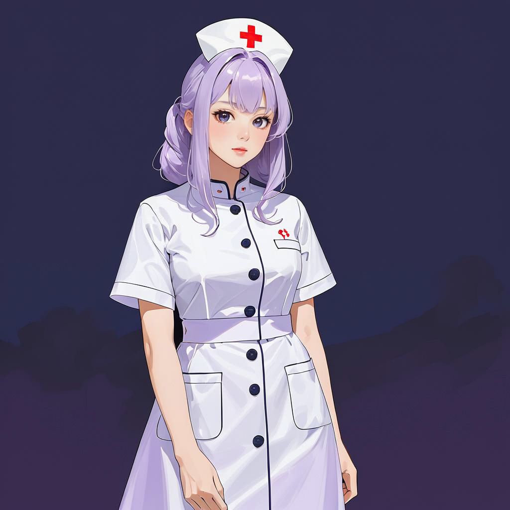 Thoughtful Nurse with Lilac Hair in Studio