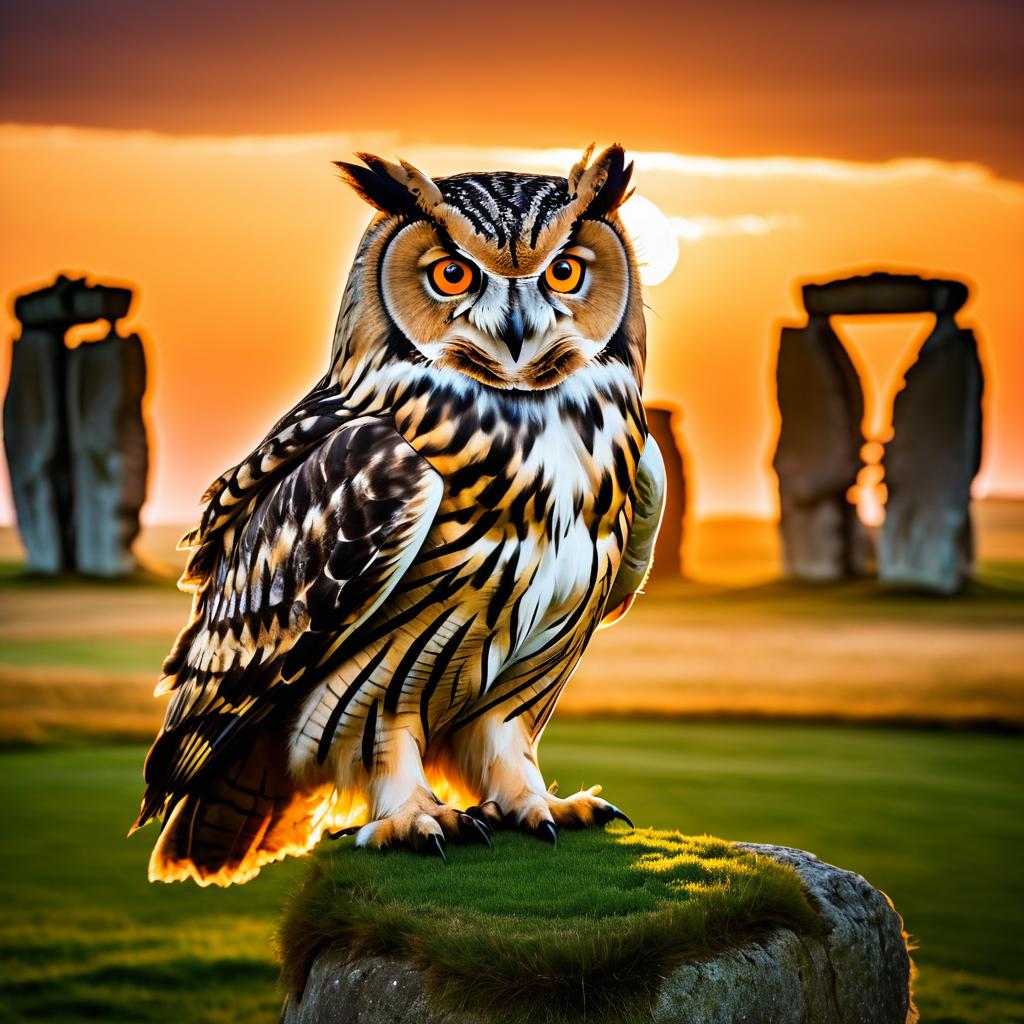 Majestic Owl at Sunset Over Stonehenge