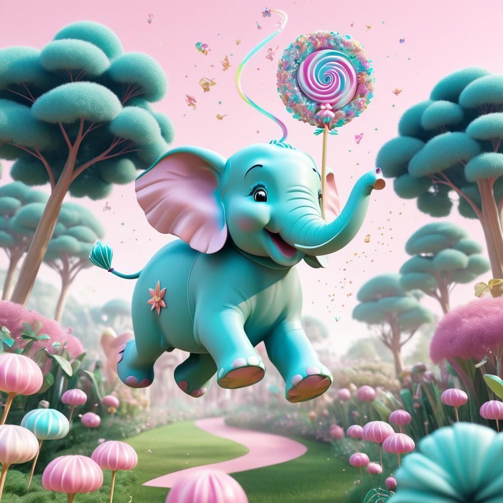 Whimsical Flying Elephant in Candy Garden