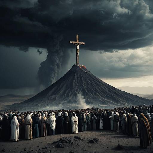 Jesus Crucifixion on Volcanic Hill with Mourning Crowd
