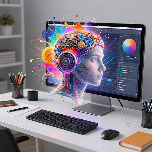 Photorealistic digital art of a woman's profile in vibrant, colorful, splattered patterns on a computer monitor, surrounded by a modern, white desk