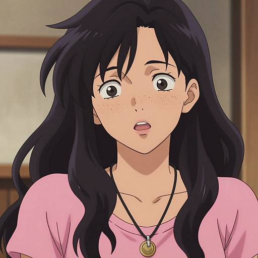 Anime-style illustration of a surprised young woman with long black hair, freckles, wearing a pink shirt and a necklace, in a blurred indoor setting