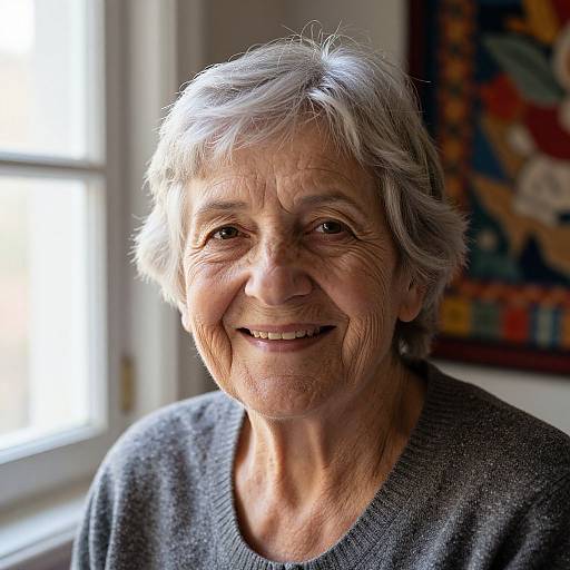 Photograph of an elderly woman with short, gray hair, smiling warmly. She wears a gray sweater, standing near a sunlit window, with a
