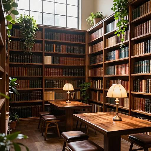 Photograph of a cozy, sunlit library corner with wooden bookshelves, potted plants, two lit lamps, and wooden tables with leather stools