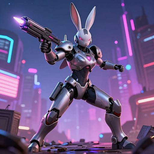 CGI image of a futuristic, white armored rabbit warrior with glowing pink eyes, holding a glowing gun in a neon-lit cityscape.